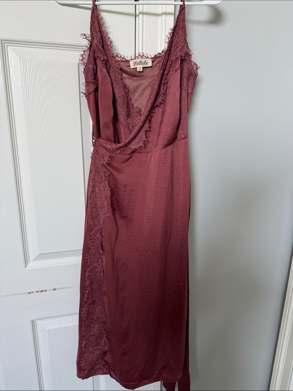 Listicle small  Wine Lace-Trim Midi Slip Dress